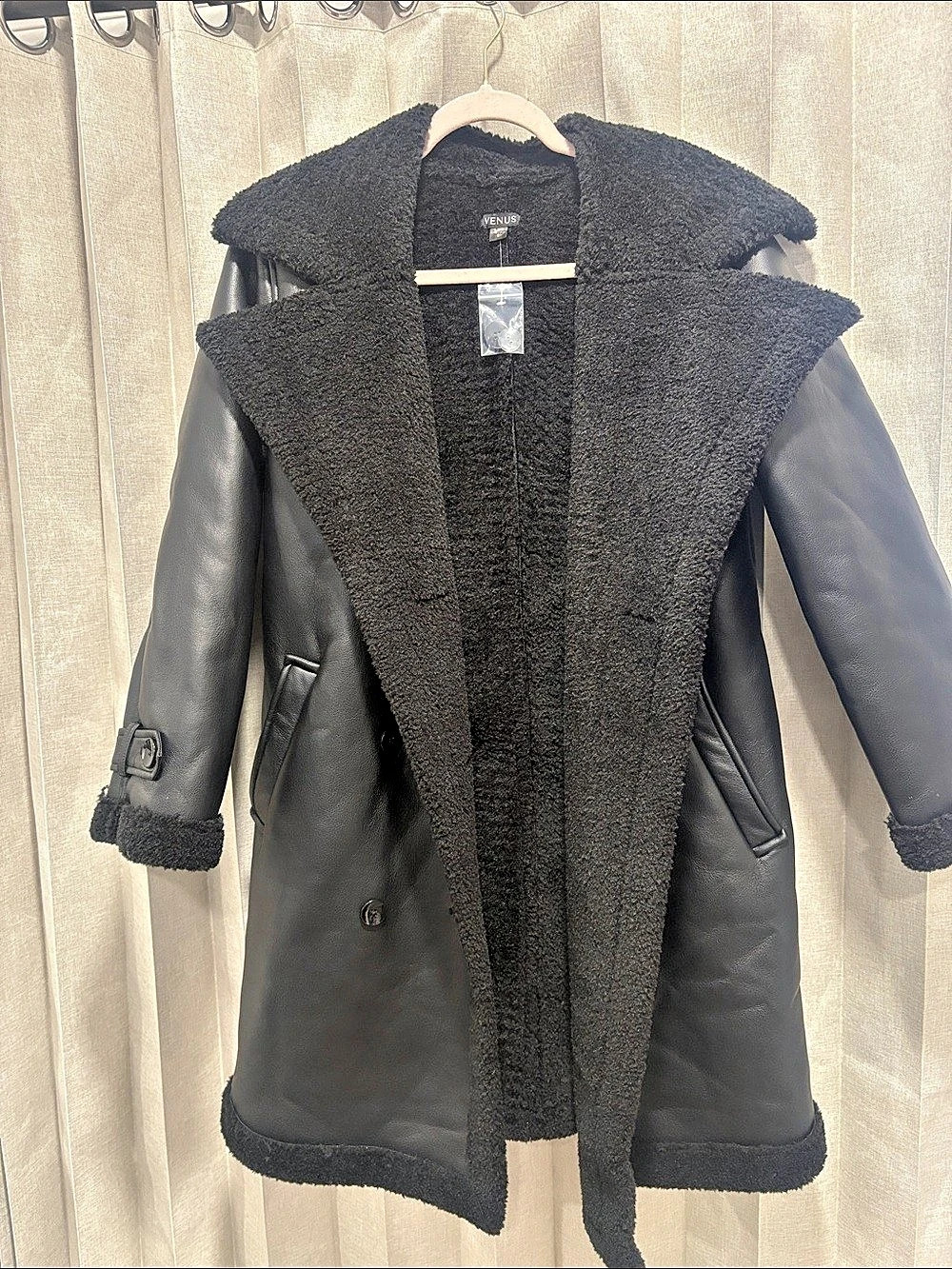 VENUS Black Faux Shearling Leather-Look Coat